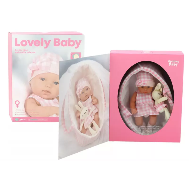 LEAN TOYS Kūdikio lėlė su zuikio nešykle rožine languota apranga