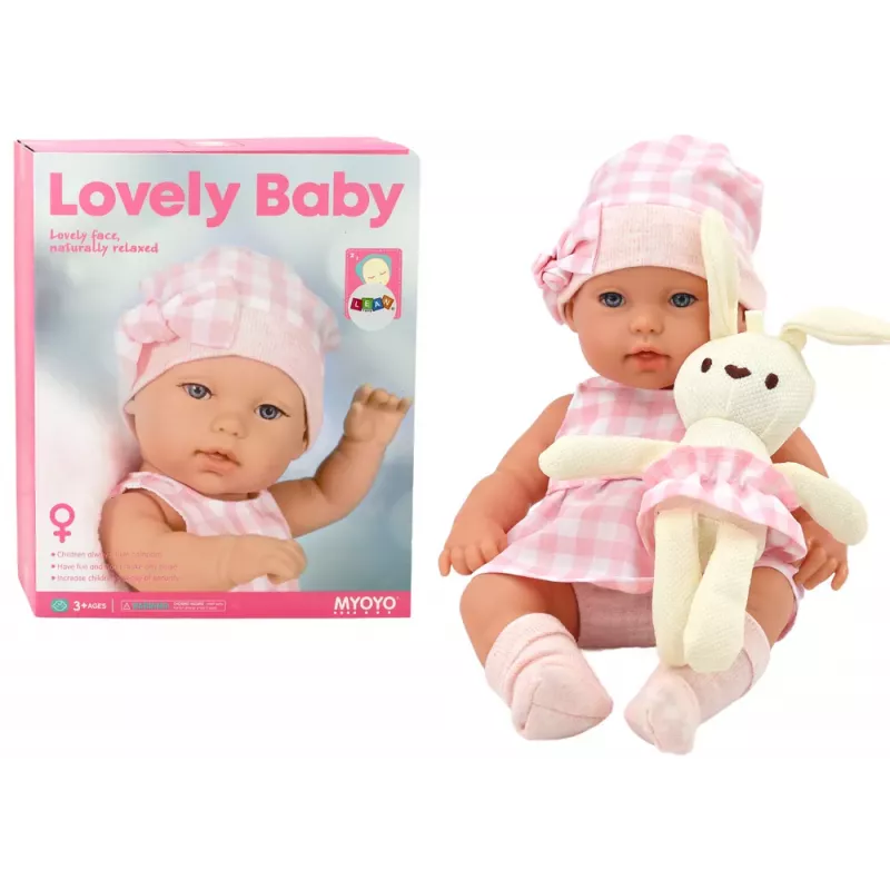 LEAN TOYS Kūdikio lėlė su zuikio nešykle rožine languota apranga