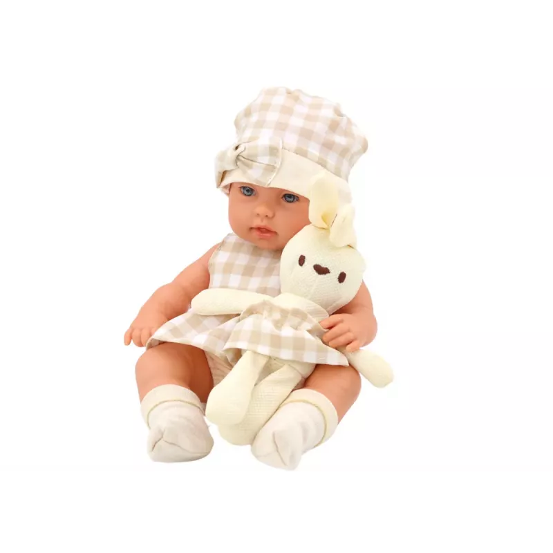 LEAN TOYS Kūdikio lėlė nešyklėje su zuikio apranga, smėlio spalvos