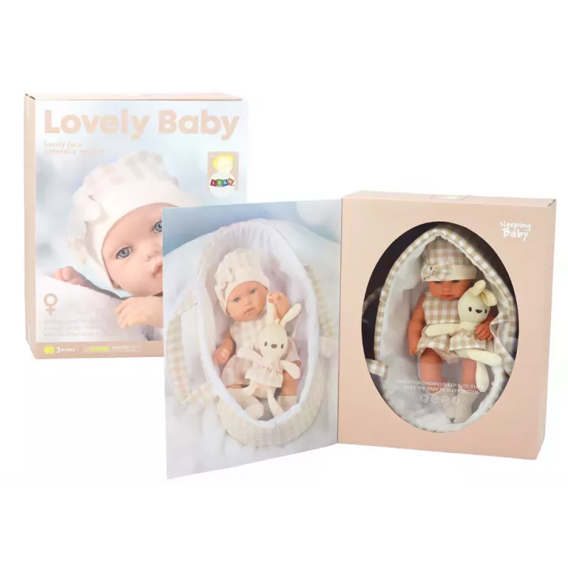 LEAN TOYS Kūdikio lėlė nešyklėje su zuikio apranga, smėlio spalvos