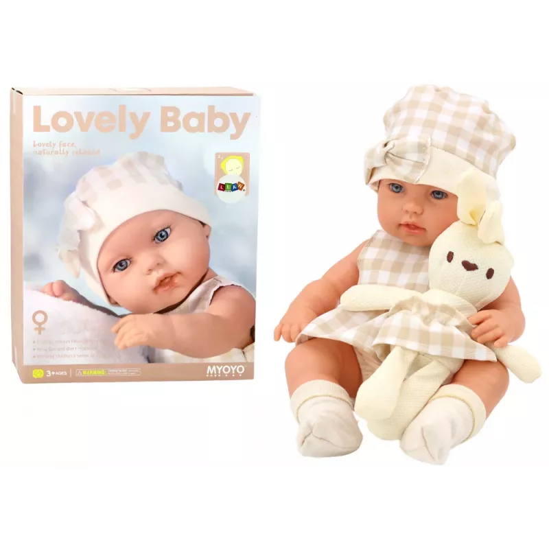 LEAN TOYS Kūdikio lėlė nešyklėje su zuikio apranga, smėlio spalvos
