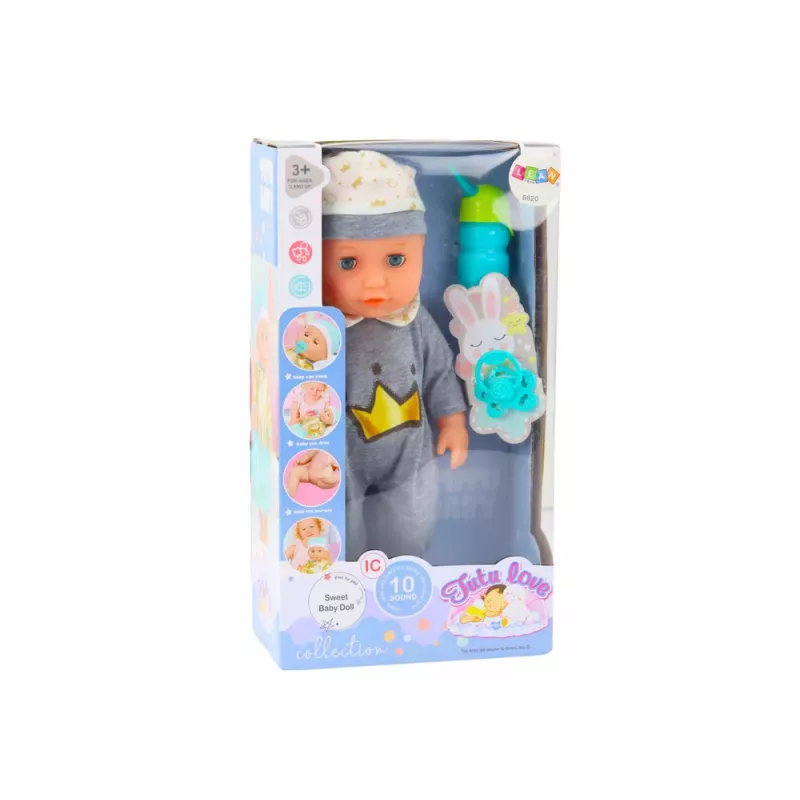 LEAN TOYS Kūdikio lėlė pilkomis pižamomis, šlapinimosi buteliukas, čiulptukas, garsai