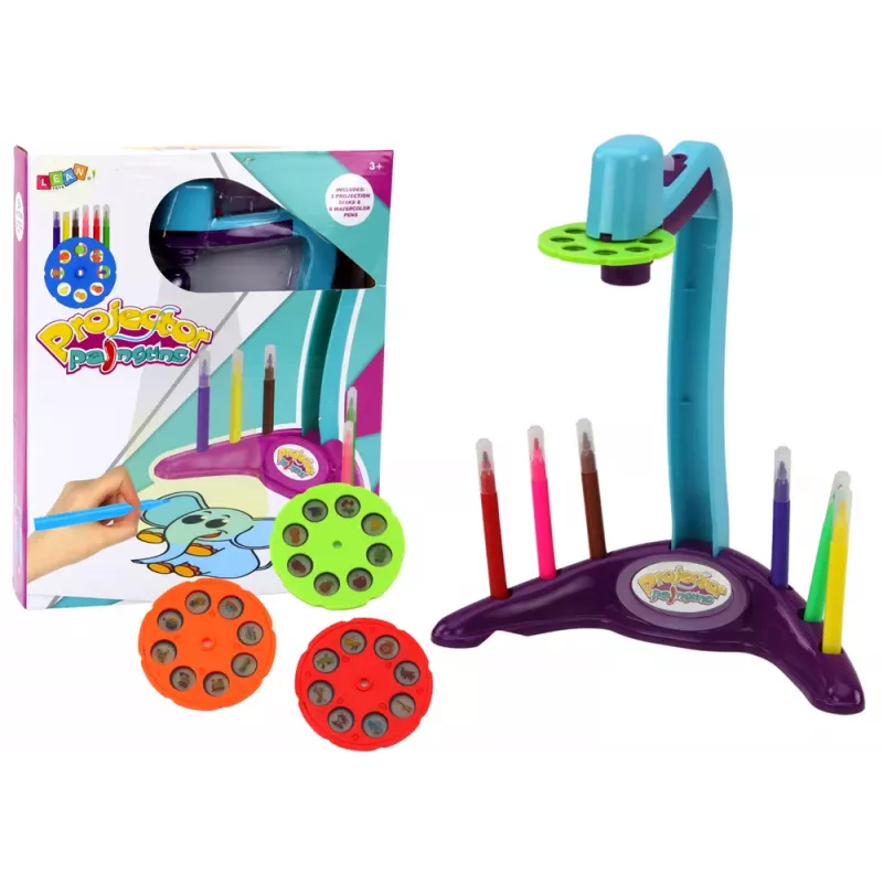 LEAN TOYS Piešimo projektorius su 3 keičiamais diskais ir rašikliais, violetinis