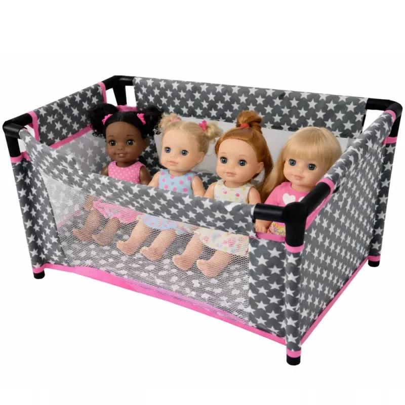 LEAN TOYS Alice Lėlių lova su žvaigždėmis, krepšiu, antklode, pagalve, pilka ir rožinė
