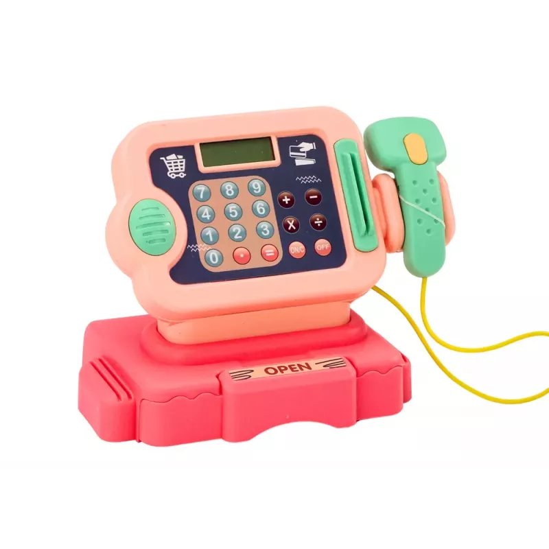 LEAN TOYS Kasos aparatas mokymuisi skaičiuoti monetas, apsipirkimo krepšelis, šviesos, garsai, rožinė