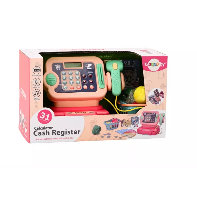 LEAN TOYS Kasos aparatas mokymuisi skaičiuoti monetas, apsipirkimo krepšelis, šviesos, garsai, rožinė