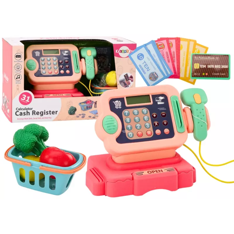 LEAN TOYS Kasos aparatas mokymuisi skaičiuoti monetas, apsipirkimo krepšelis, šviesos, garsai, rožinė