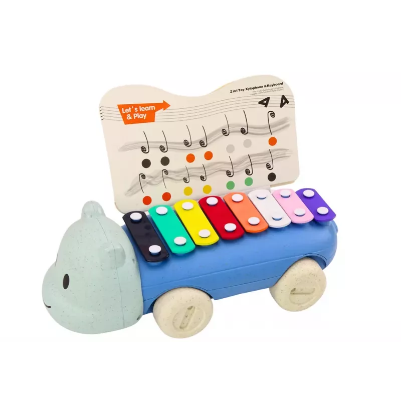 LEAN TOYS Hipopotamas su cimbolais ant ratukų, instrumentas vaikams, spalvingas, edukacinis