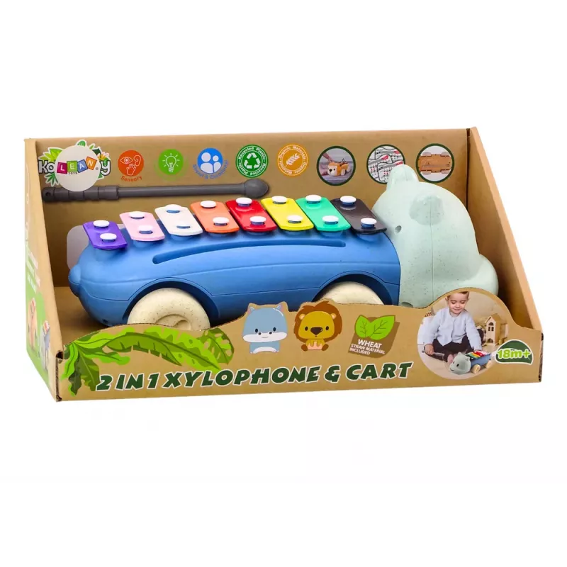 LEAN TOYS Hipopotamas su cimbolais ant ratukų, instrumentas vaikams, spalvingas, edukacinis