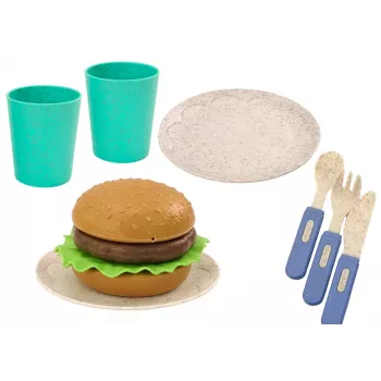 LEAN TOYS Indų rinkinys, lėkštės, puodeliai, ąsotis, mėsainis, stalo įrankiai, 11 vnt.
