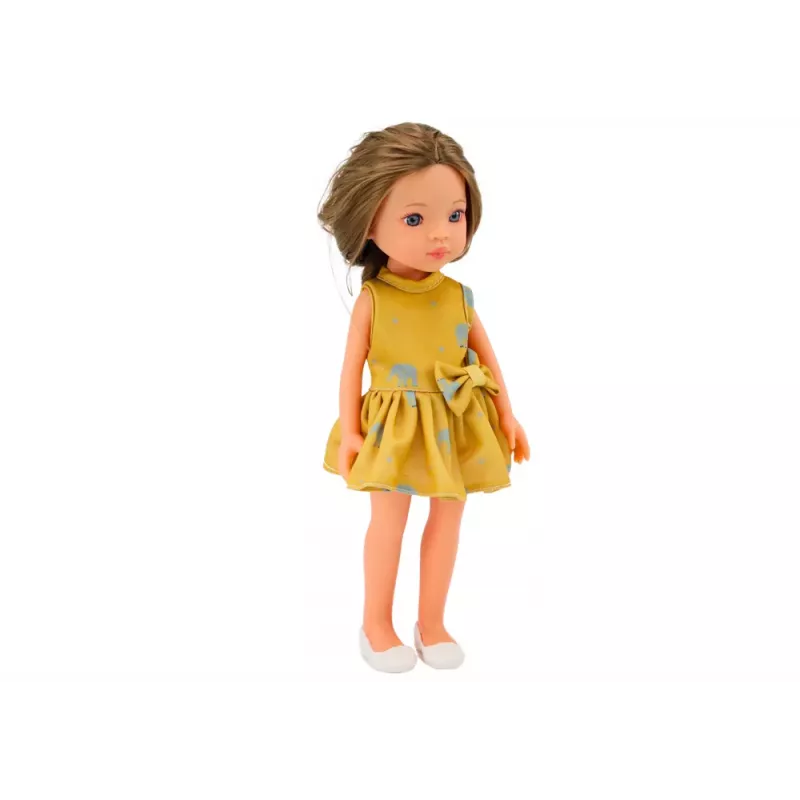 LEAN TOYS Lėlė su geltona suknele ir rudais plaukais, didelė lėlė 33 cm