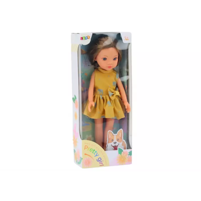 LEAN TOYS Lėlė su geltona suknele ir rudais plaukais, didelė lėlė 33 cm