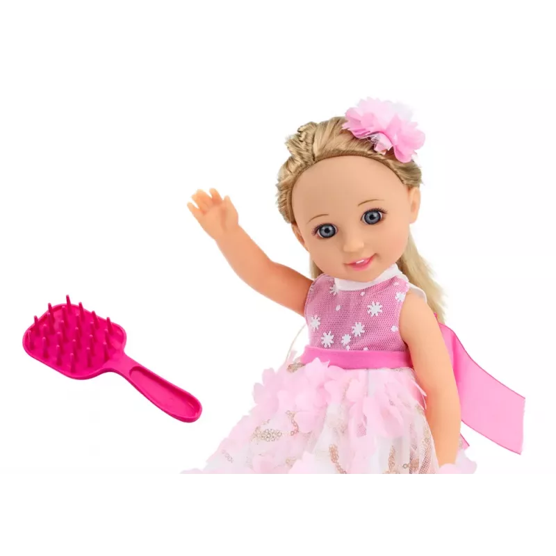 LEAN TOYS Lėlė Rožinė Suknelė Ilgi Plaukai Plaukų Segtukai Šepetėlis 38cm
