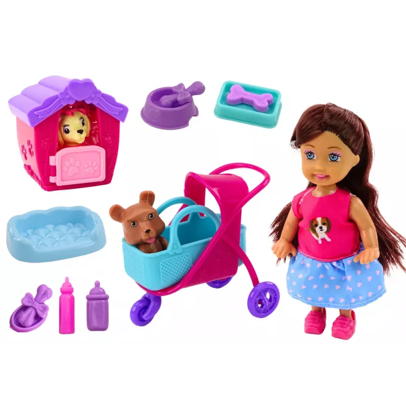 LEAN TOYS Lėlė su šunimis Šunų lėlė Namelis Priedai Rožinis šuniukas 16 vnt.
