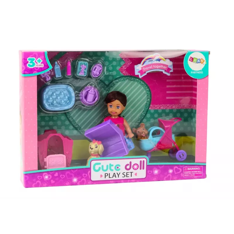 LEAN TOYS Lėlė su šunimis Šunų lėlė Namelis Priedai Rožinis šuniukas 16 vnt.