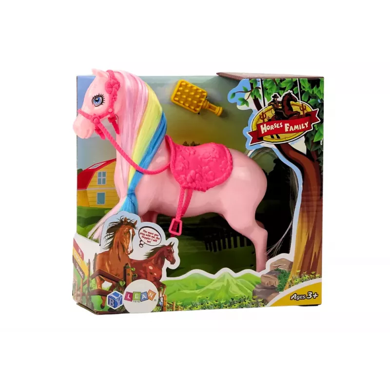 LEAN TOYS Figūrėlė Arklys su Spalvingais Karčiais ir Rožiniu Šepečiu-Balnu