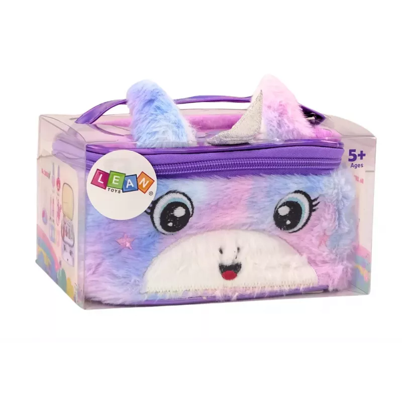 LEAN TOYS Grožio rinkinys pliušiniame kosmetikos maišelyje Vienaragis Nagų lakas Šešėliai