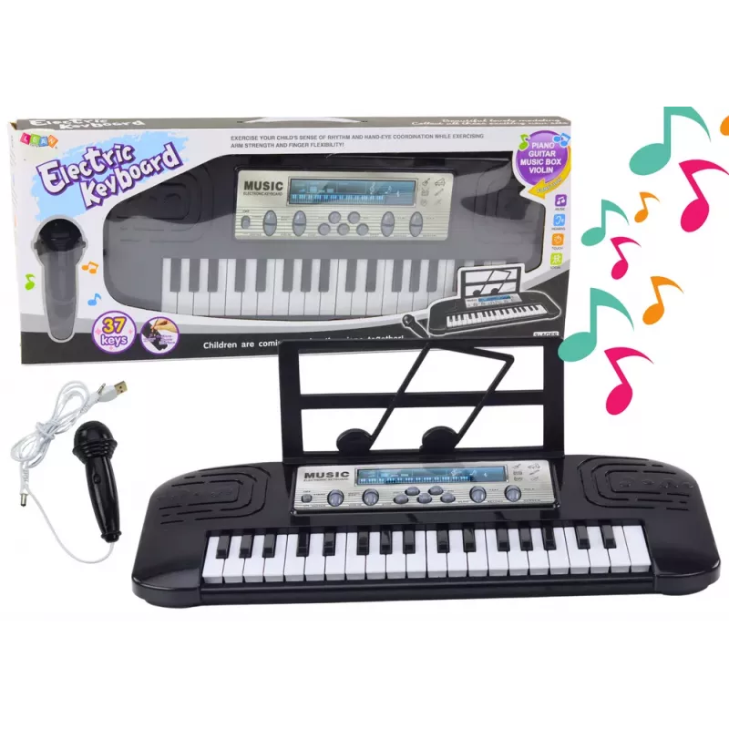 LEAN TOYS elektrinis pianinas vaikams su mikrofonu ir stovu, 37 klavišų, melodijos, juodas
