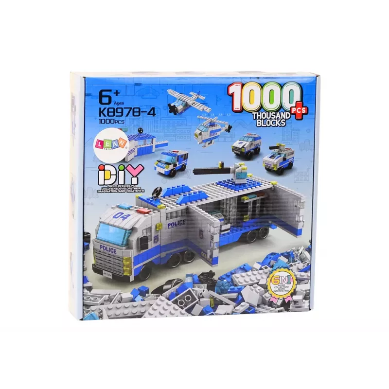 LEAN TOYS Policijos sunkvežimio konstravimo kaladėlių 6v1 rinkinys Policijos transporto priemonės 1000vnt