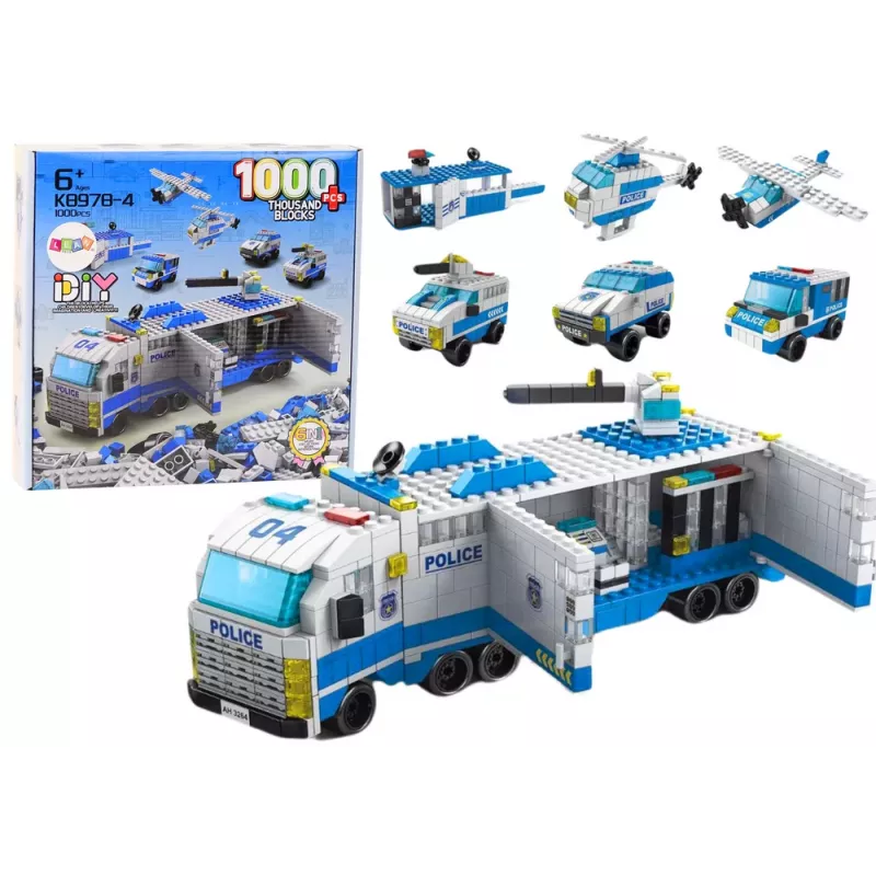 LEAN TOYS Policijos sunkvežimio konstravimo kaladėlių 6v1 rinkinys Policijos transporto priemonės 1000vnt