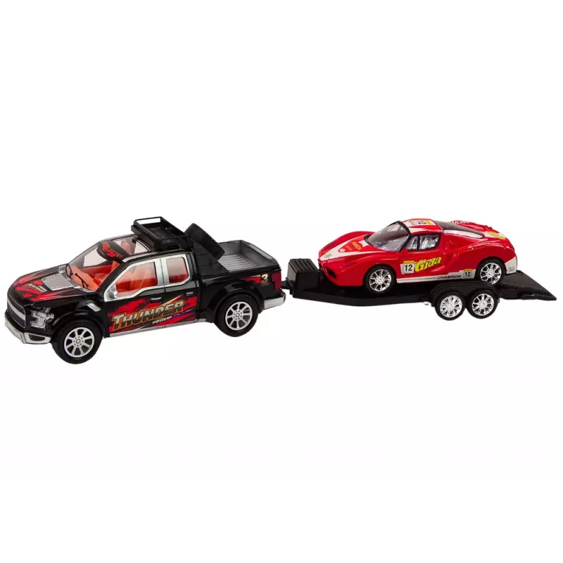 LEAN TOYS automobilio komplektas su pikapu, vilkiku, puspriekabe, sportiniu automobiliu ir visureigiu