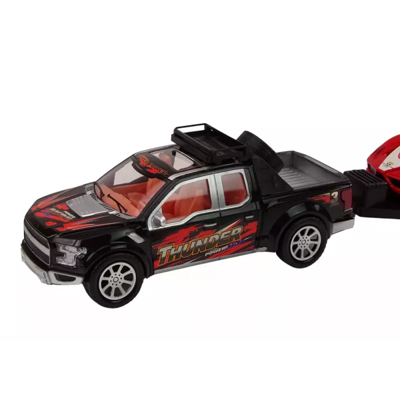 LEAN TOYS automobilio komplektas su pikapu, vilkiku, puspriekabe, sportiniu automobiliu ir visureigiu