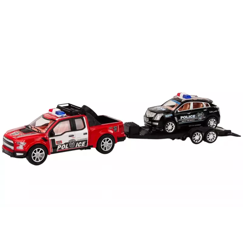 LEAN TOYS Policijos pikapas su vilkiku puspriekabe visureigiu policijos rinkinys