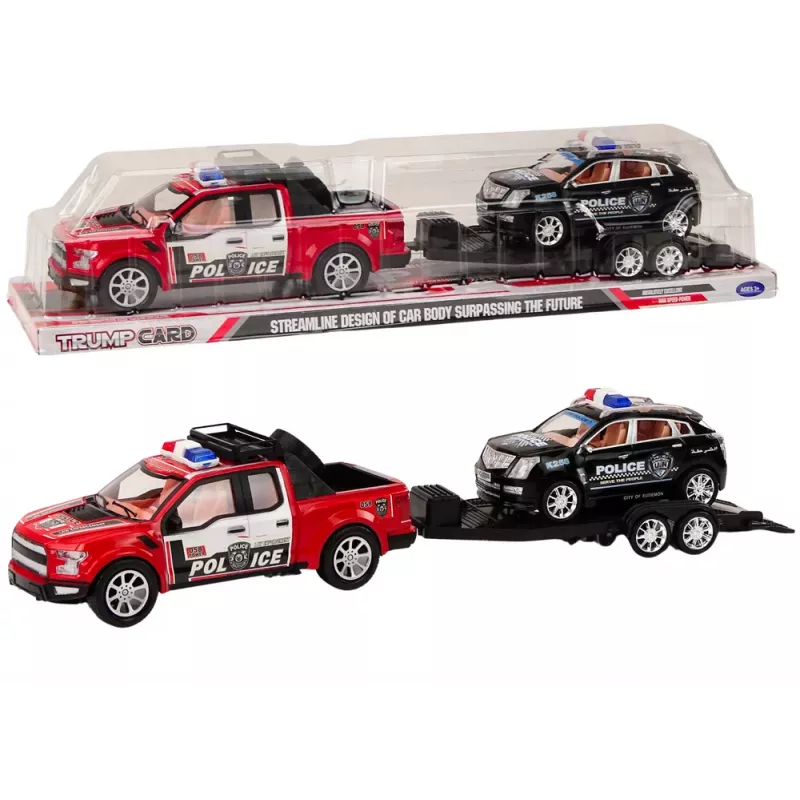 LEAN TOYS Policijos pikapas su vilkiku puspriekabe visureigiu policijos rinkinys