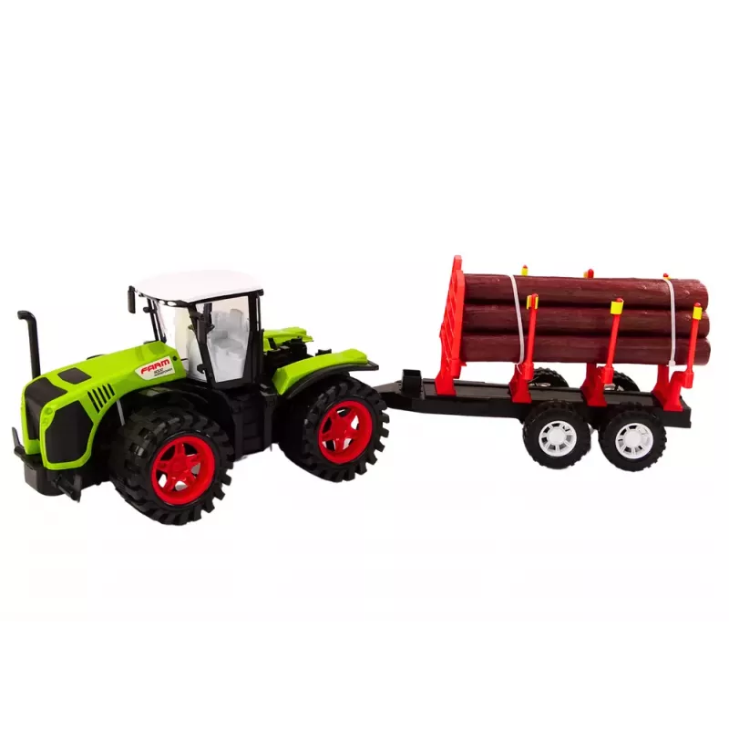 LEAN TOYS Ūkio traktorius su mediniu priekabu ir 9 Bali medžiais - Green Drive