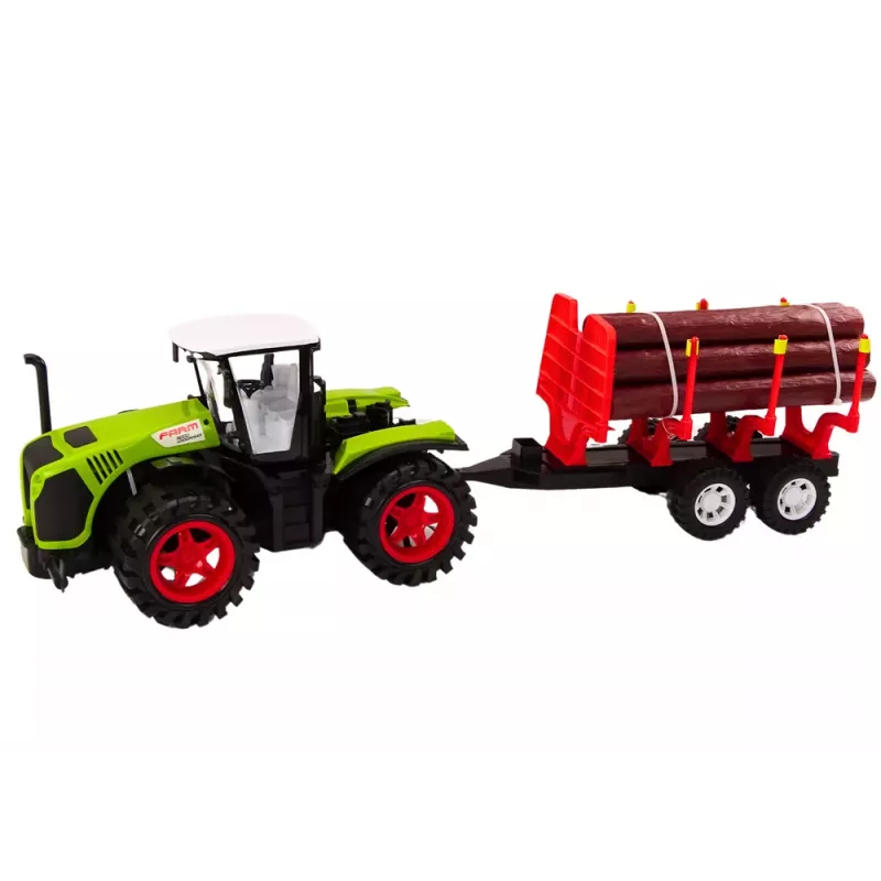 LEAN TOYS Ūkio traktorius su mediniu priekabu ir 9 Bali medžiais - Green Drive