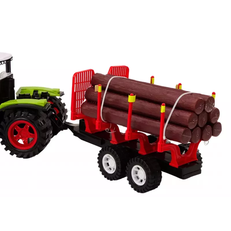 LEAN TOYS Ūkio traktorius su mediniu priekabu ir 9 Bali medžiais - Green Drive