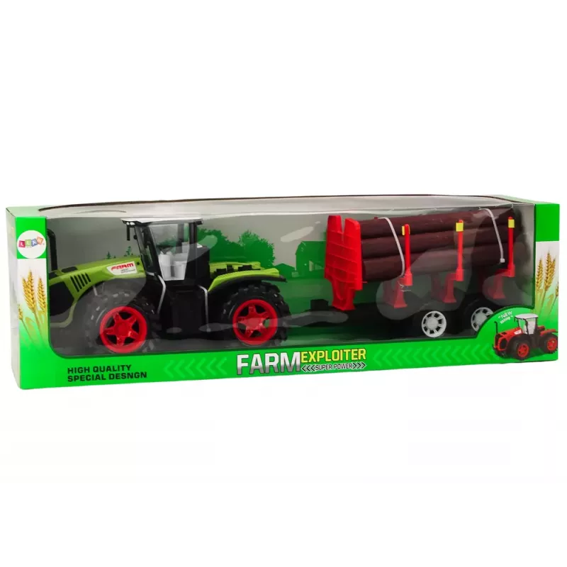 LEAN TOYS Ūkio traktorius su mediniu priekabu ir 9 Bali medžiais - Green Drive