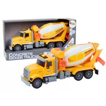 LEAN TOYS Geltonas betono maišyklės sunkvežimis su inercine pavara, šviesos ir garso efektais