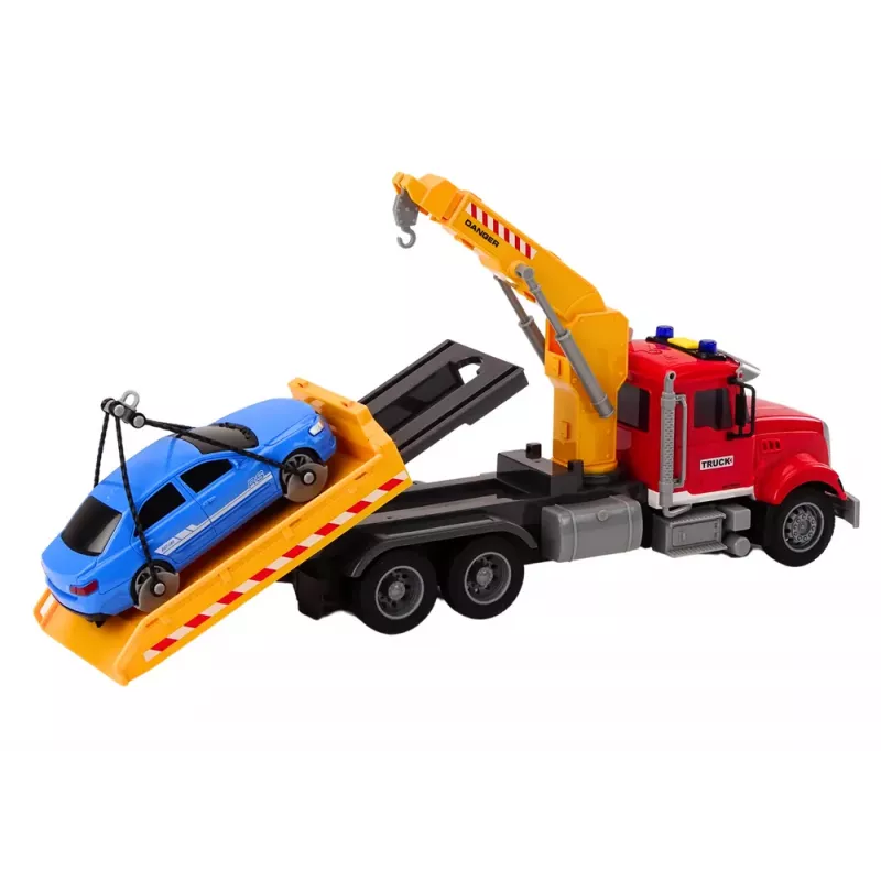 LEAN TOYS vilkikas su kranu, automatiniai šviesos ir garso efektai, raudonas