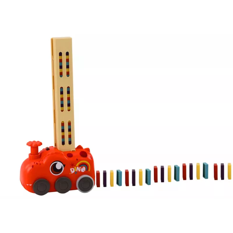 LEAN TOYS Raudonas dinozauras baterijomis varomas automobilis išdėstantis spalvingus domino kauliukus 4 spalvų blokeliai