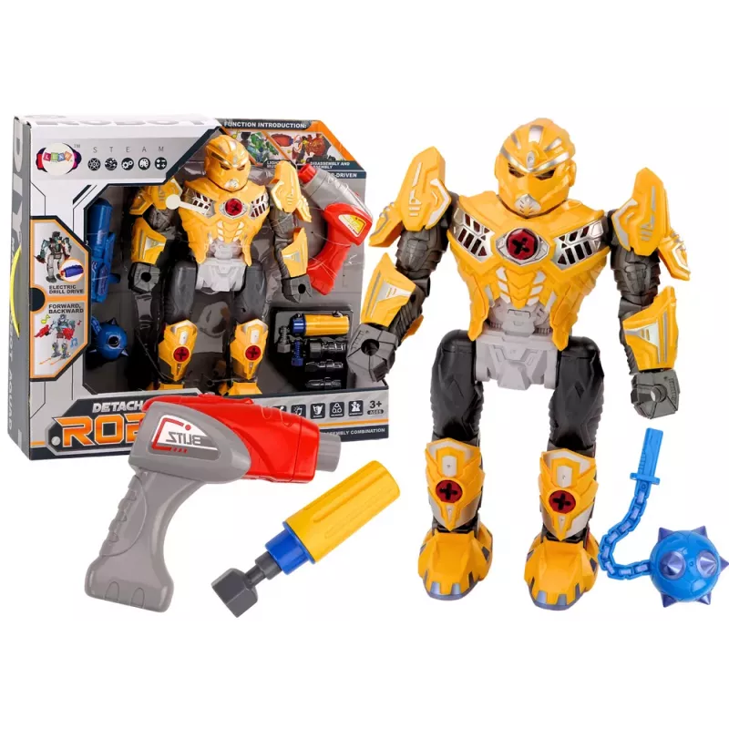 LEAN TOYS Sukimo robotas su grąžtu ir atsuktuvu, šviesos ir garso efektai, geltona