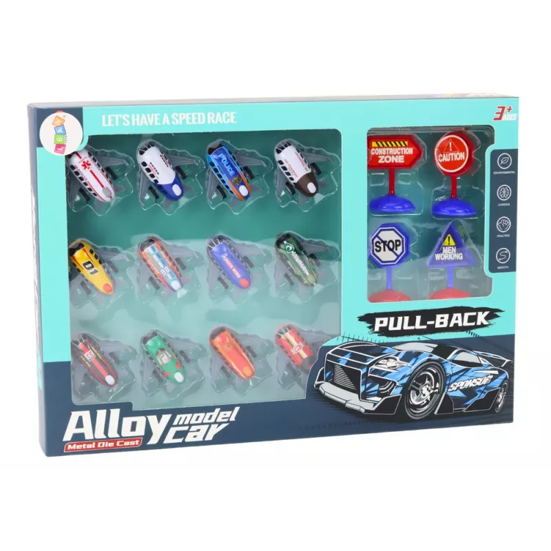LEAN TOYS 12 žaislinių automobilių, varomų lėktuvų, 5 cm kelio ženklų rinkinys