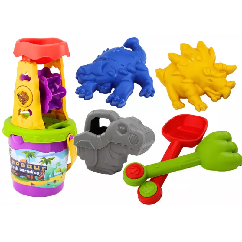 LEAN TOYS Dinosaur Sand Set - Grinder, Funnel, Spatula, Rake, Watering Can, Molds
