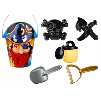 LEAN TOYS Piratų smėlio rinkinys - kibirėlis, laistytuvas, sietelis, 6 dalių rinkinys