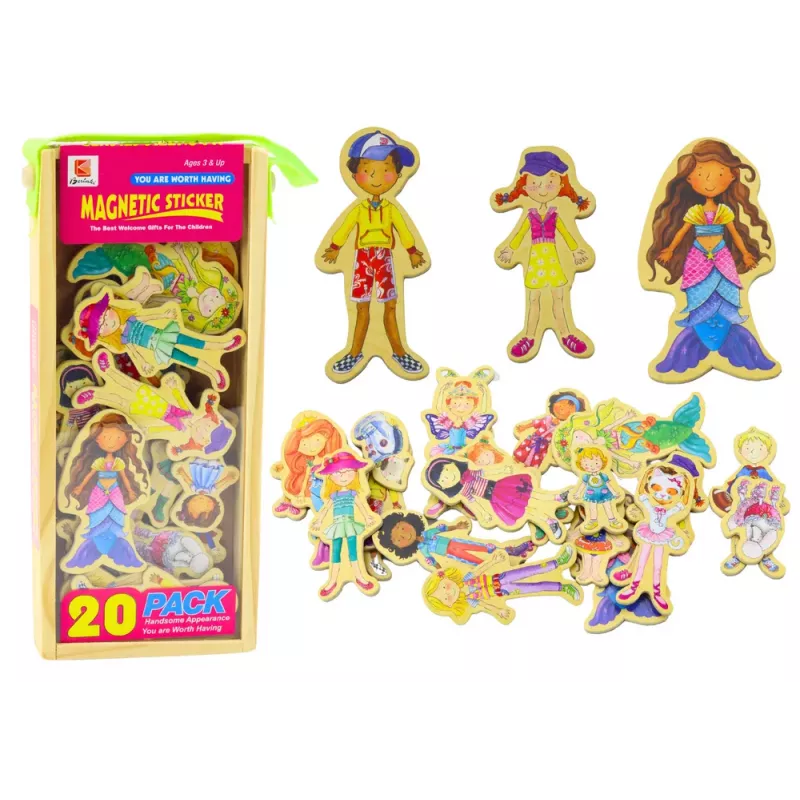 LEAN TOYS Medinių magnetinių personažų rinkinys spalvingais kostiumais, 20 vnt.