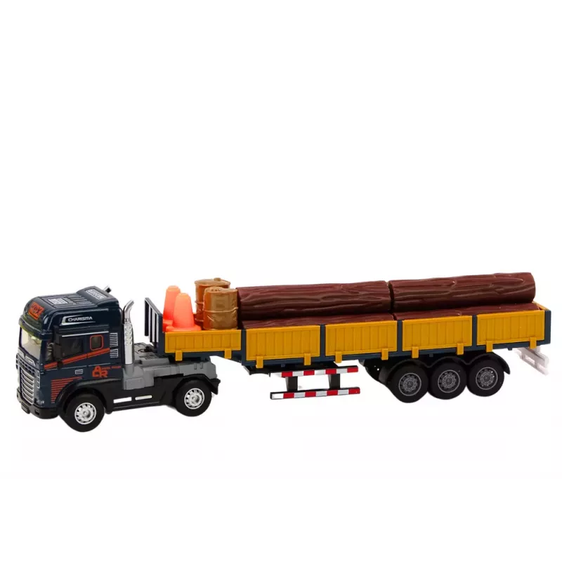 LEAN TOYS Medinis sunkvežimis mėlynas su priekaba 1:24 mediniai rąstai garsai šviesos