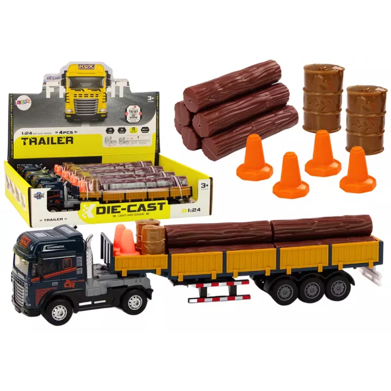 LEAN TOYS Medinis sunkvežimis mėlynas su priekaba 1:24 mediniai rąstai garsai šviesos