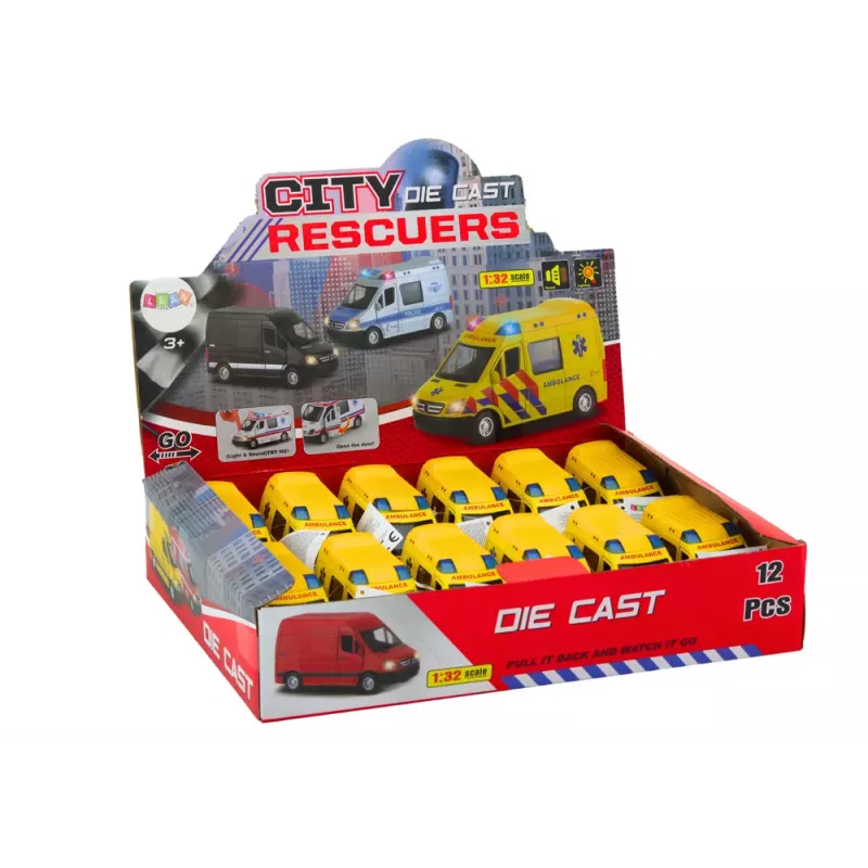 LEAN TOYS Ambulance 1:32 Opening Doors Lights Sounds Drive Yellow