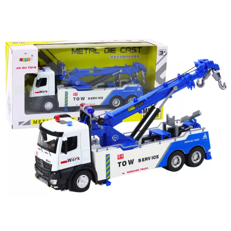 LEAN TOYS Sunkvežimis su kranu, du metaliniai kabliai, balta ir mėlyna, šviesos ir garsai