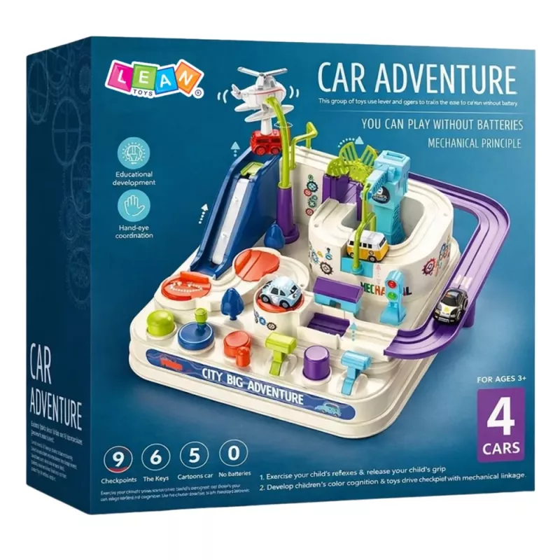 LEAN TOYS Kliūčių ruožo interaktyvi automobilių stovėjimo aikštelė vaikams su keturiais automobiliais