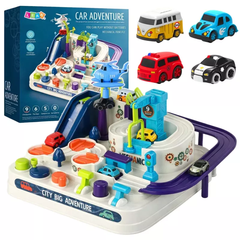 LEAN TOYS Kliūčių ruožo interaktyvi automobilių stovėjimo aikštelė vaikams su keturiais automobiliais