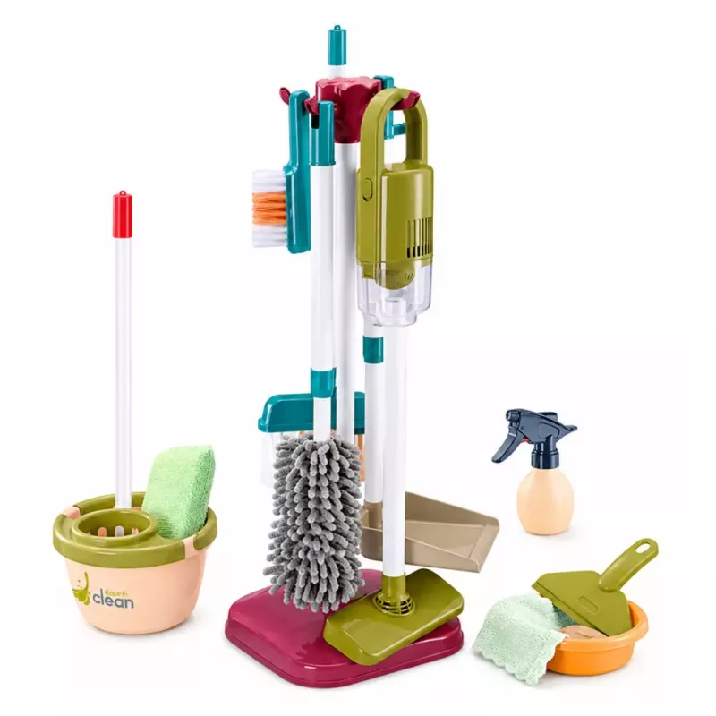 LEAN TOYS Valymo rinkinys su dulkių siurbliu, šluota, stovu ir aksesuarais vaikams, 23 vnt.
