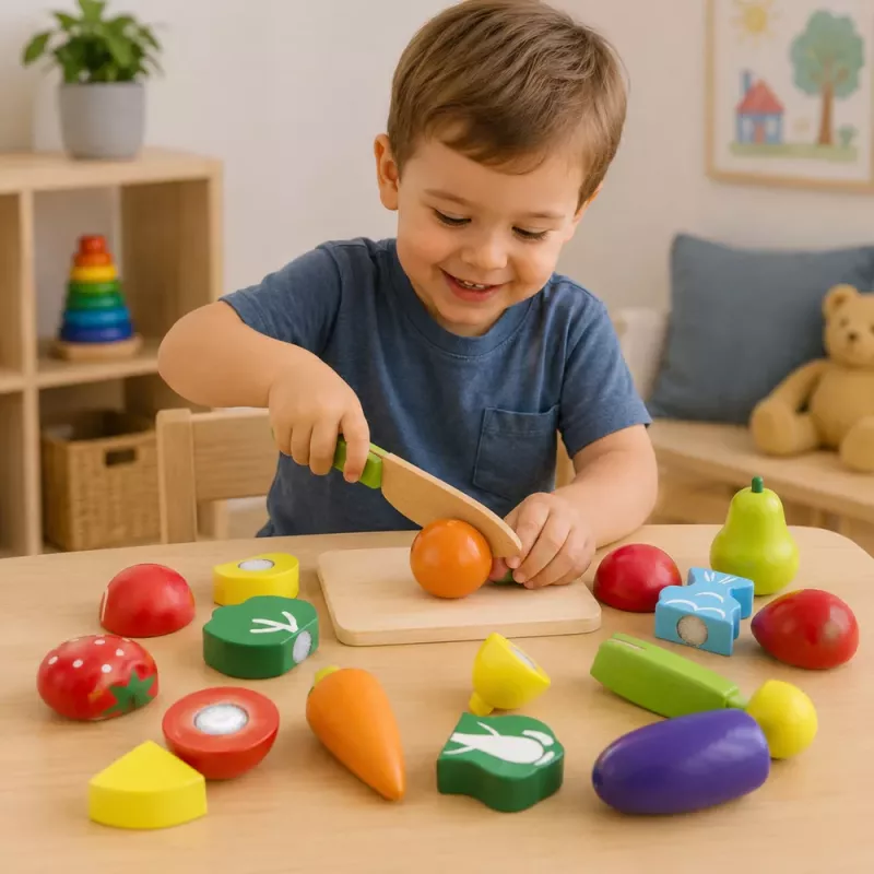 LEAN TOYS Daržovių ir vaisių pjaustymo rinkinys su pjaustymo lenta, peiliu ir mediniu kibirėliu