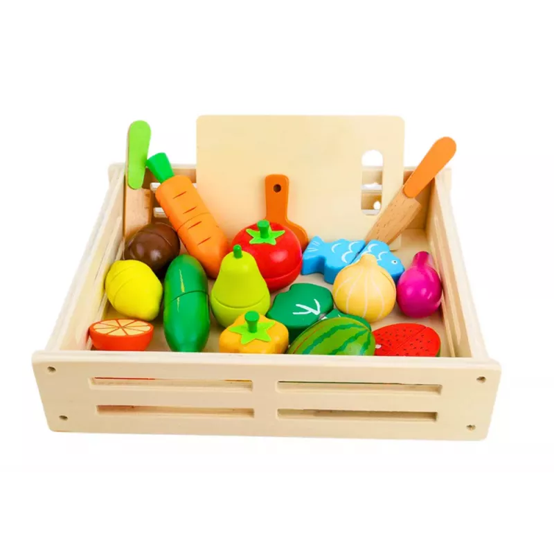 LEAN TOYS Vaisiai ir daržovės mediniai magnetinėje dėžutėje virtuvei