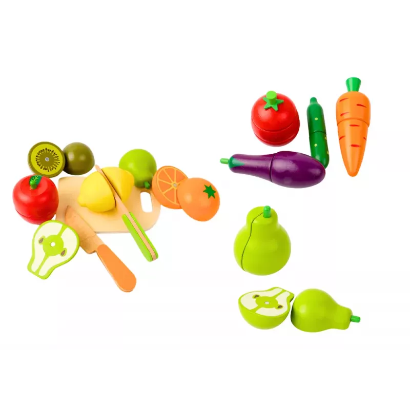 LEAN TOYS Vaisiai ir daržovės mediniai magnetinėje dėžutėje virtuvei